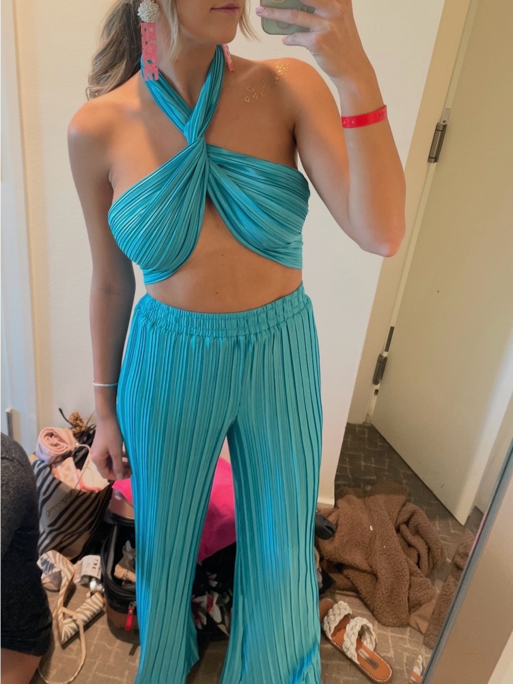 Hello Molly Turquoise Plissé Wide-Leg Jumpsuit Pants